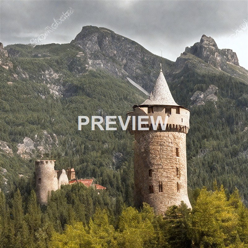 A tall, round stone tower with a conical roof, surrounded by a forested landscape with mountains in the background.